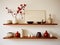 Cherry Wood Floating Shelf with Antique Frames and Ceramic Vases - AI Generated