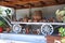 Chersonissos, Cyprus, Greece - 31.07.2013: clay pots and dishes on a wooden cart