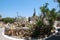 Chersonissos, Cyprus, Greece - 31.07.2013: Garden of green prickly cacti growing under the scorching sun and a deep sky