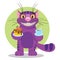 Cheshire Cat. Illustration to the fairy tale Alice`s Adventures in Wonderland. Purple cat with a big smile offers a cup