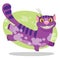 Cheshire Cat. Illustration to the fairy tale Alice`s Adventures in Wonderland. Purple cat with a big smile runs