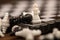 A chess board and black and white chess pieces on a wooden table, close-up, selective focus