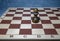 Chess board with figures. Wooden chess. Board games. Location of opponents. Counter strategy. Pawn