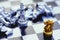 Chess board game, knight encounters against king, business competitive concept, copy space