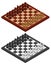 Chess. Chessboard, chessmen on it in black and white and wooden variations. Isometric view