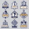 Chess emblem. Sport club logo with chess symbols knight pawn rook officer silhouettes of figures vector badges