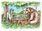 Chess game. The bear and centaur playing chess in the wood