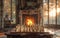 Chess game on a desk. A captivating scene of a large chess set positioned in front of a warm fireplace