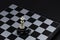 Chess game finish on chessboard. Victorious and defeated king figure. Chess figurine order. Checkmate game banner