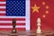 Chess game. Two king stand confront with US and China National flags background. Trade war concept. Copy space