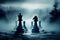 chess match with ethereal chess pieces and misty background