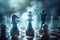 chess match with ethereal chess pieces and misty background