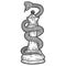 Chess piece queen entwined with a snake. Engraving raster illustration.