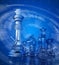 Chess pieces & blue technology background