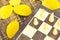 Chess pieces on board and autumn yellow leaves