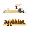 Chess pieces on chessboard and human hand set. People playing strategic board game vector illustration