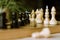 Chess pieces knights facing each other for a standoff on chessboard