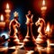 Chess pieces, strategy tactics game, colorful brightly lit, glowing