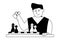 Chess player. Man reflects on strategy of pawn move. Vector flat outline black white illustration isolated. Banner