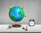 Chess stand on 3d map globe with clock