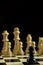 On a chessboard in the foreground is a black chess piece Pawn. Behind her are a row of white shapes blurry