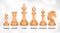 Chessmen, chess set, realistic drawing. Figurines for intellectual game, piece pawn, king, queen, bishop, knight, rook, with