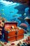 Chest full of treasures lying at the bottom of the tropical sea, coral reef underwater
