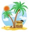 Chest of gold standing under a palm tree vector illustration