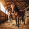 Chestnut brown mother and foal stand in hay filled stables