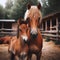 Chestnut brown mother and foal stand in an outdoor corral
