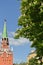 Chestnut Castanea blooms in background of Trinity Tower of Moscow Kremlin