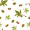 Chestnut seamless pattern. chestnut tree leaves, fruits, seeds. Autumn. Horse chestnut background. Perfect for texture for fabric