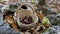 Chestnuts background - harvesting chestnut in the forest with basket in autumn foliage ground