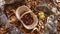 Chestnuts background top view - harvesting chestnut in forest with basket in autumn foliage ground