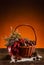 Chestnuts and cones in basket