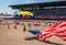 CHEYENNE, WYOMING, USA - JULY 27, 2017: US Navy Leap Frogs team of skydivers opens the annual Frontier Days Rodeo. Carrying the Am