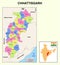 Chhattisgarh map. Showing State boundary and district boundary of Chhattisgarh. Political and administrative colorful map of Chhat