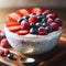 Chia pudding with creamy yogurt topped with an assortment of ripe juicy berries