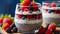 Chia pudding with creamy yogurt topped with an assortment of ripe juicy berries
