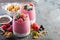 Chia pudding parfait with berry smoothie