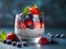 Chia pudding topped with strawberries, blueberries and raspberries in a glass on blue background. Chia dessert made of youghurt,