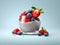 Chia pudding topped with strawberries, blueberries and raspberries in a glass on light background. Chia dessert made of youghurt,