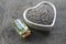 Chia seeds and chia oil on old wooden background.Organic chia seed oil.Salvia hispanica seeds.