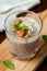 Chia seeds pudding with oat, banana and almonds decorated with mint leaves