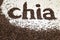 Chia word made from chia seeds Salvia hispanica on white background.