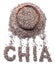 Chia word made up of chia seeds isolated on white background. Top view