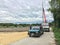 Chiang Mai, Thailand - jul 23, 2018 : Labor with electrical lineman install electric pole with crane truck