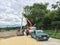 Chiang Mai, Thailand - jul 23, 2018 : Labor with electrical lineman install electric pole with crane truck