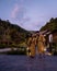 Chiang Mai, Young couple men and woman relaxing in spa, Onse wooden bath tub,bath at hot springs in Chiang Mai Thailand