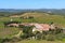 Chianti Region, Italy - April 21, 2018: Farmland rural landscape, cypress trees, vineyards and olive trees from Castello di Brolio